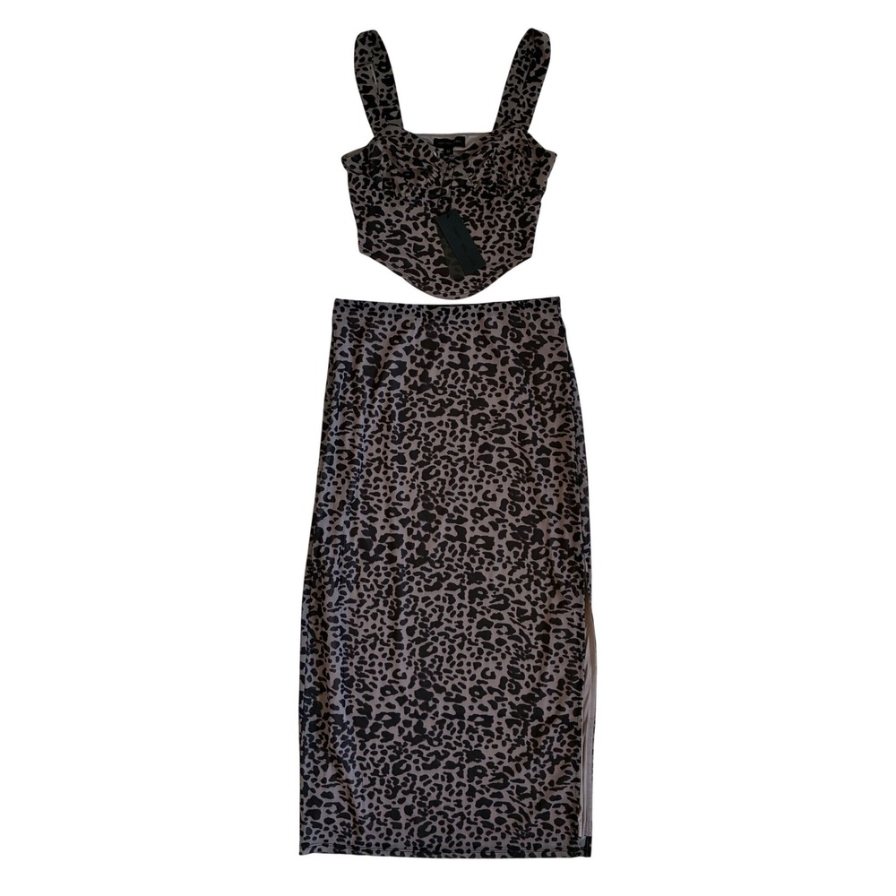 Brit The Label Leopard Print Corset Top Midi Skirt 2 Piece Set Brown M